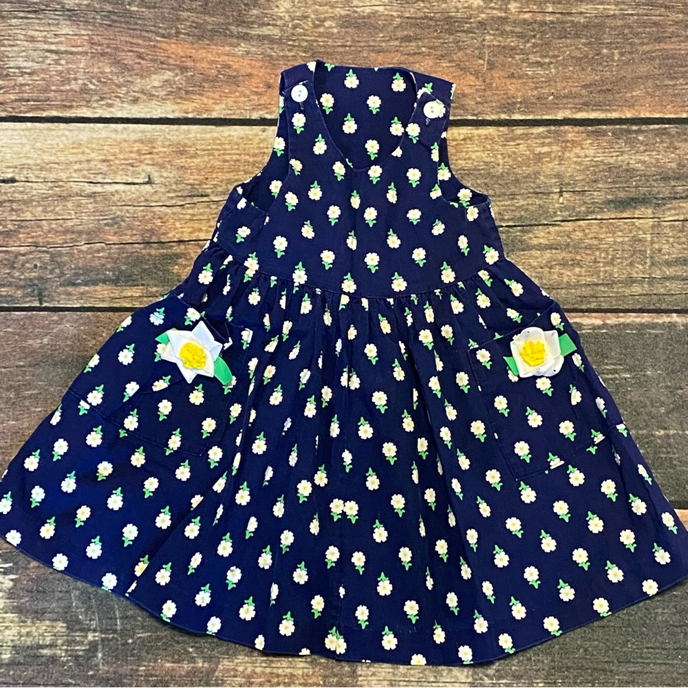 Vintage Hartstrings Navy Dress with White & Yellow Daisy Print & Ribbon Flowers
